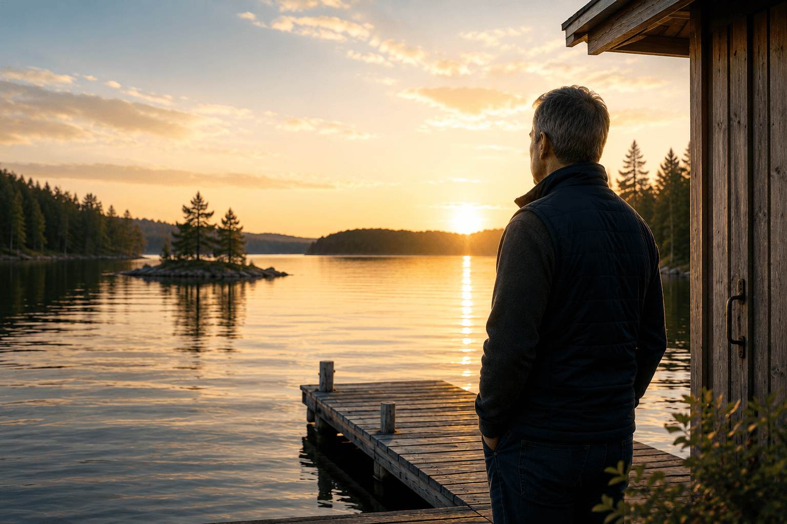 Auringonlasku heijastuu tyynestä järvestä